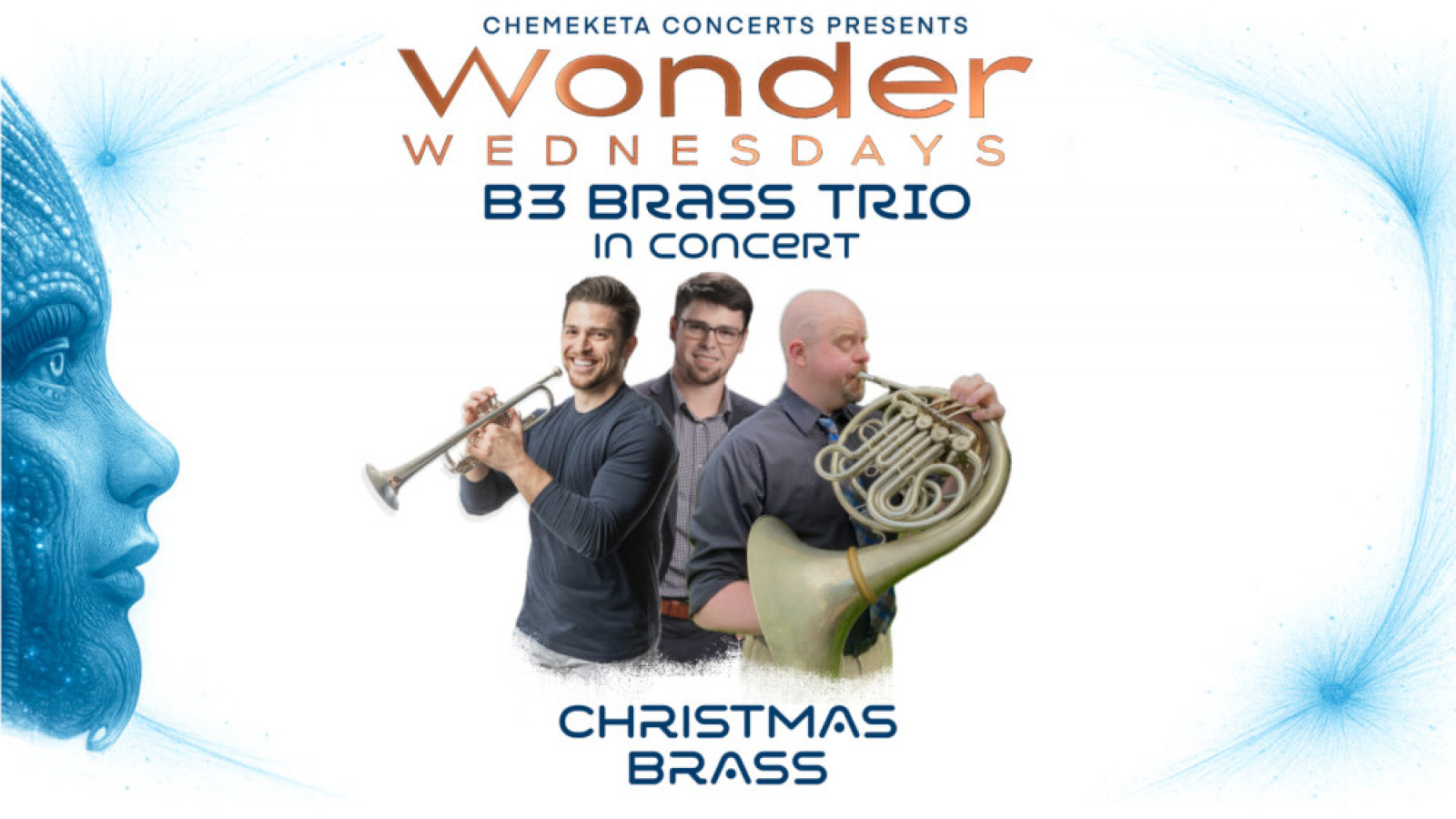 A group picture of the B3 Brass Trio against a white background. Above the picture are the words 